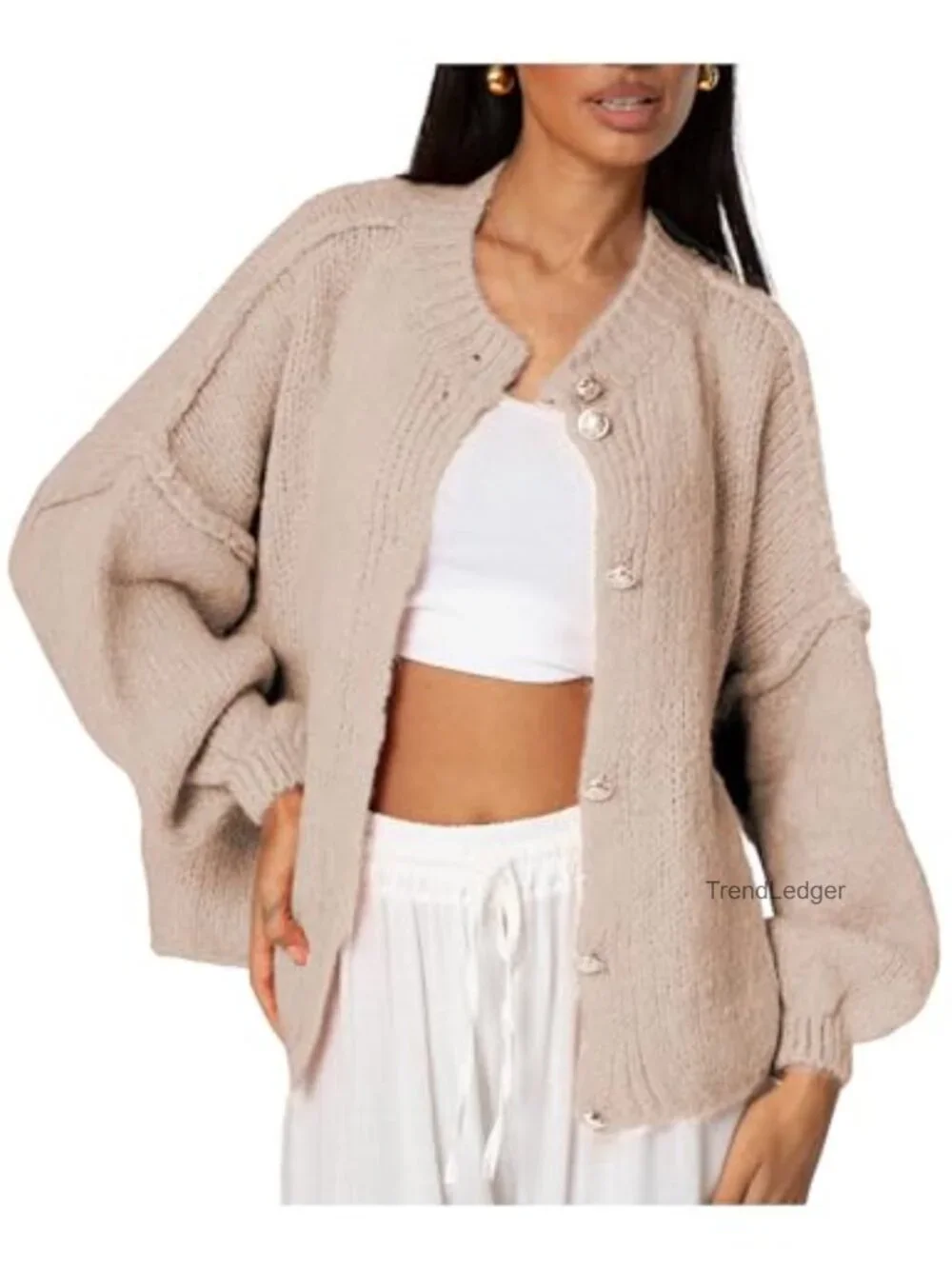 Cardigan Sweaters for Women Long Sleeve Button Up Knit Oversized with Lantern